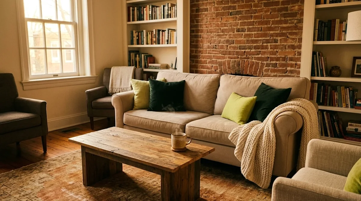 Lifestyle photography of a remarkably cozy and inviting living room interior in a historic Richmond home, captured with a war