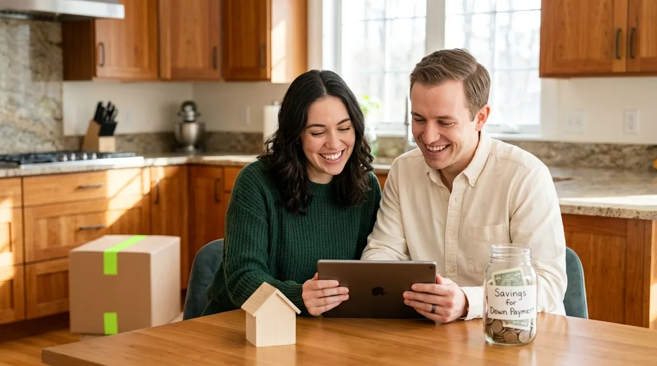 Professional marketing photography, an authentic lifestyle shot of a hopeful young couple sitting at a brightly lit kitchen t