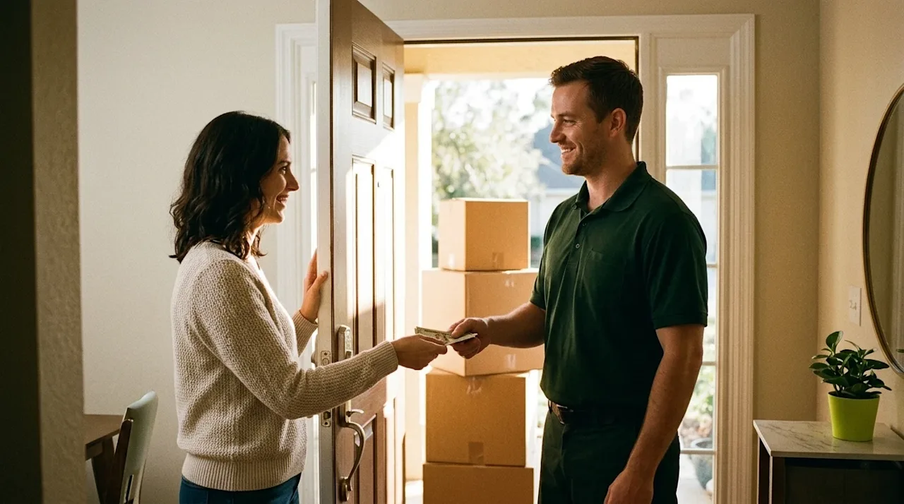 Candid lifestyle photography shot on 35mm film, capturing a warm and authentic interaction at the end of a successful move. A