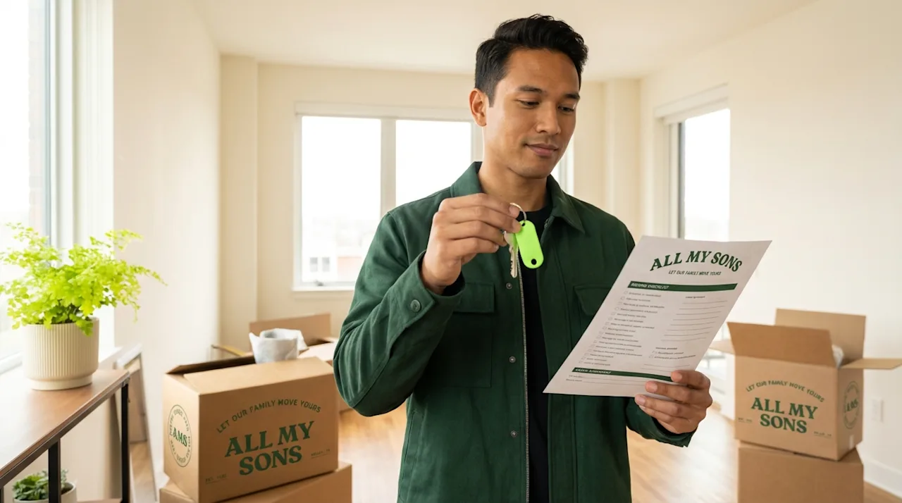 Tenant holding keys and document by All My Sons moving boxes in a bright, modern apartment.
