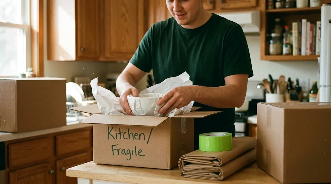 A candid, warm 35mm film style photograph of a cozy home kitchen in the middle of a stress-free moving day. On a clean counte