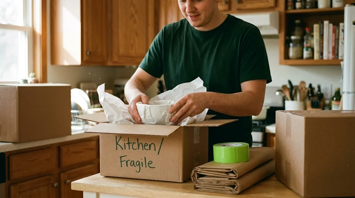 A candid, warm 35mm film style photograph of a cozy home kitchen in the middle of a stress-free moving day. On a clean counte