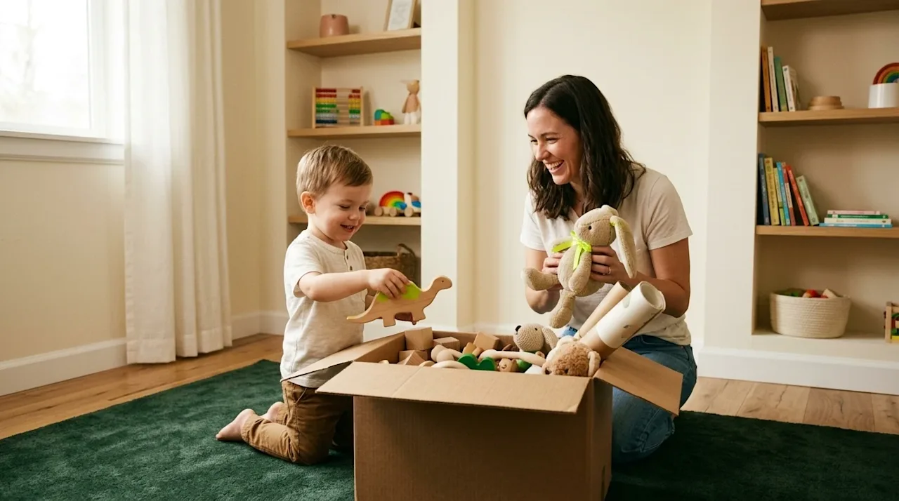 Photorealistic lifestyle photography of a parent and young child happily decorating a bright, cozy children's playroom in the