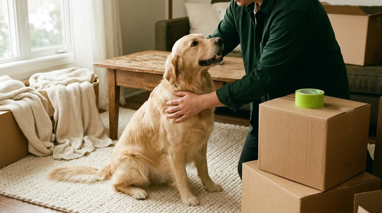 A candid, authentic lifestyle photograph of a friendly dog sitting comfortably beside several packed brown cardboard moving b