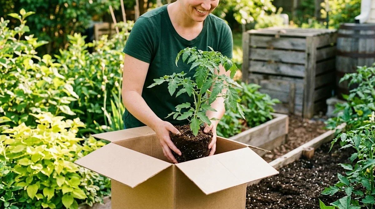 A candid lifestyle photograph of a person setting up a sustainable garden in the lush backyard of a new home in Maryland. The