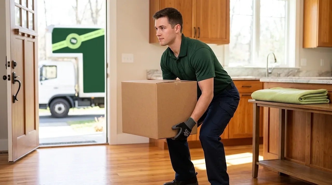 Clear, professional marketing photography of a professional mover demonstrating safe lifting technique to prevent injury. The