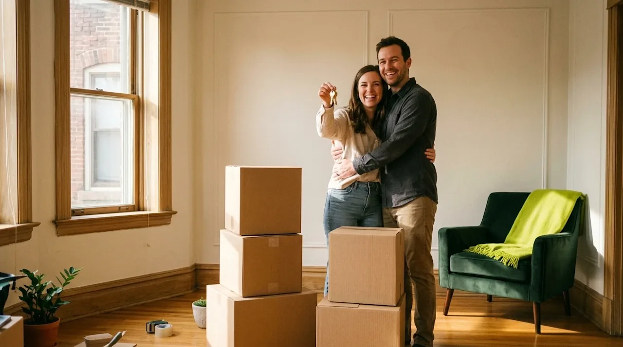 Authentic lifestyle photography of a happy couple celebrating in the bright, sunlit living room of their beautiful new dream