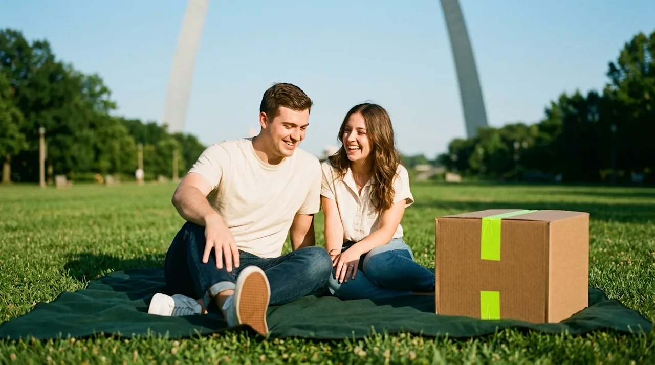 A happy couple enjoying a bright, sunny summer day in a lush St. Louis park with the arch in the background.