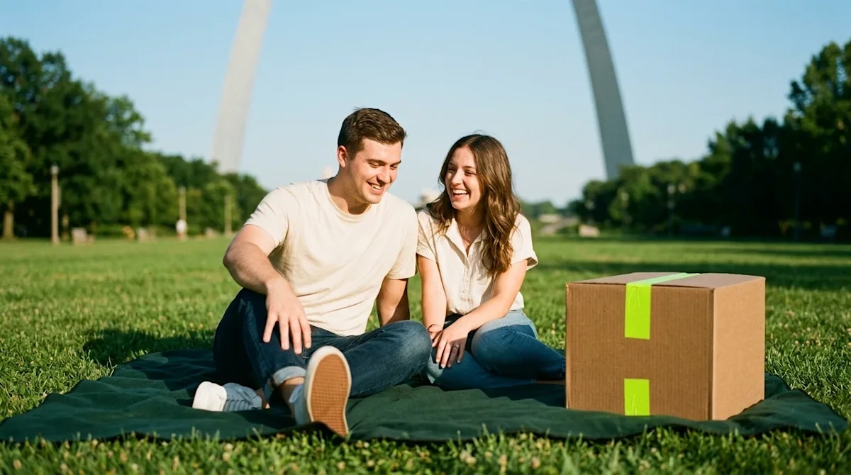 A happy couple enjoying a bright, sunny summer day in a lush St. Louis park with the arch in the background.