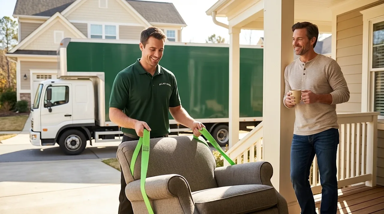 Professional marketing photography of a stress-free moving day. In the foreground, a strong, friendly professional mover wear