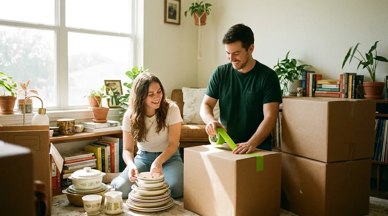 Candid lifestyle photography of a smiling couple in a bright, sunlit living room cheerfully decluttering and organizing their