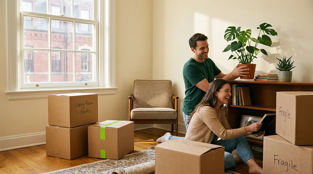 Authentic 35mm film photography of a smiling couple unpacking and decorating their cozy new home living room. They are casual