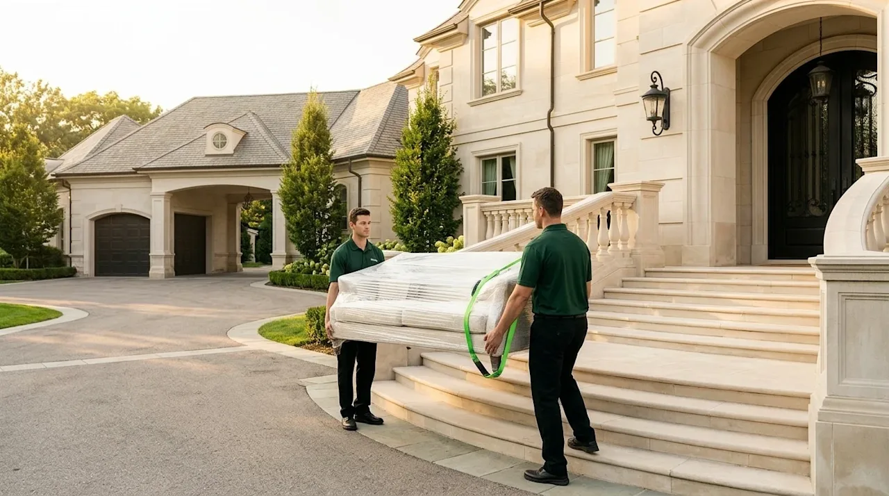 Clear and professional marketing photography of a luxurious, opulent celebrity-style mansion with a grand entrance, expansive