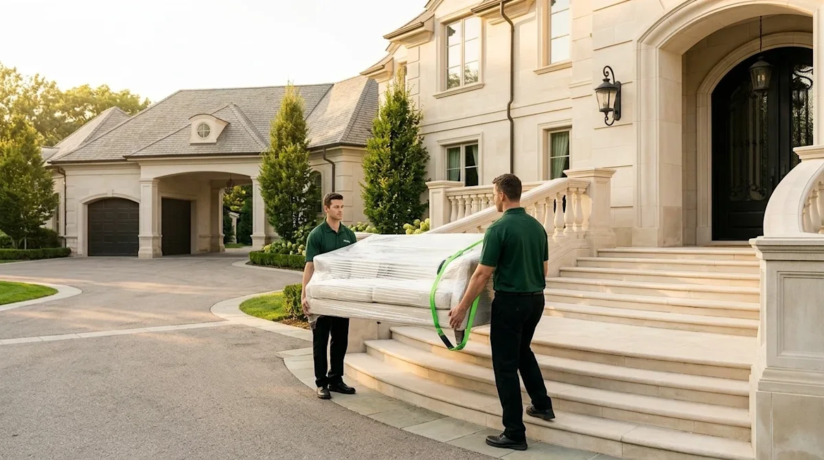 Clear and professional marketing photography of a luxurious, opulent celebrity-style mansion with a grand entrance, expansive