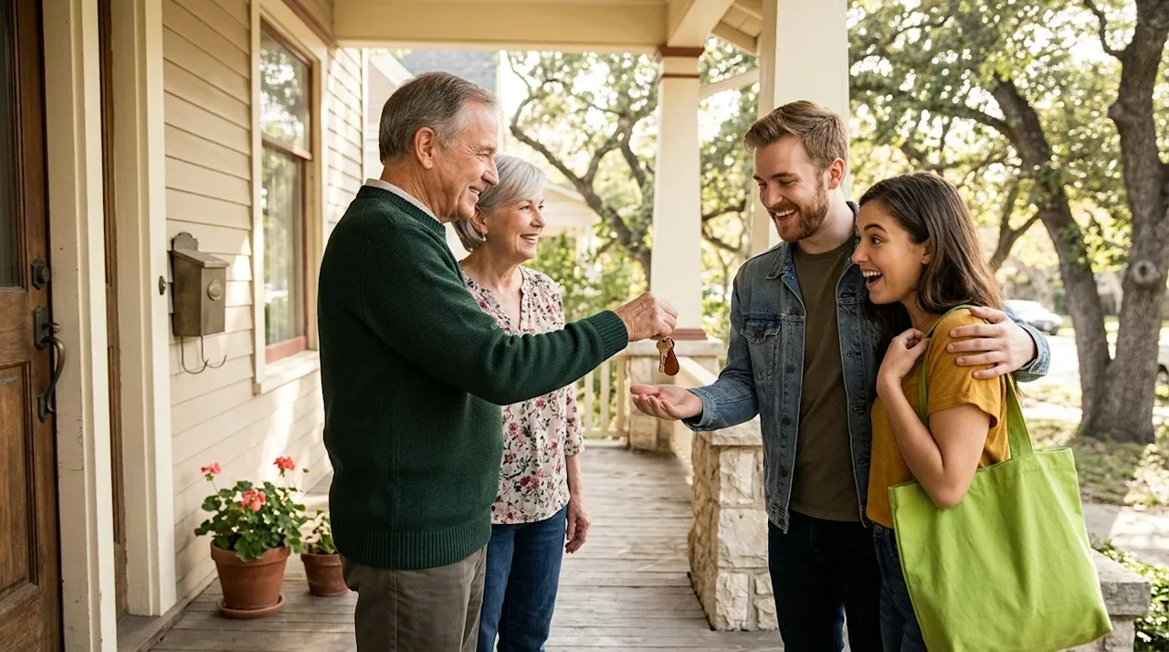 A heartwarming, candid lifestyle photograph of an older couple happily handing over the house keys to a young, excited millen