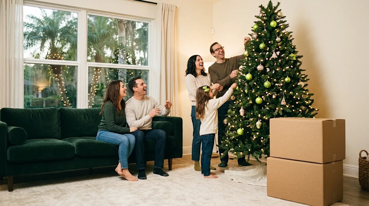 Professional marketing lifestyle photography of a happy family decorating a vibrant Christmas tree in a warm, cozy living roo