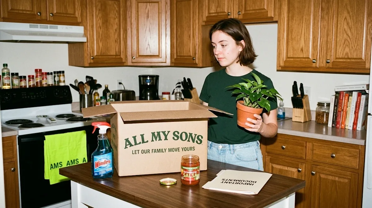 Candid lifestyle photograph, 35mm film aesthetic, warm direct flash lighting. A thoughtful young woman standing in a cozy, li
