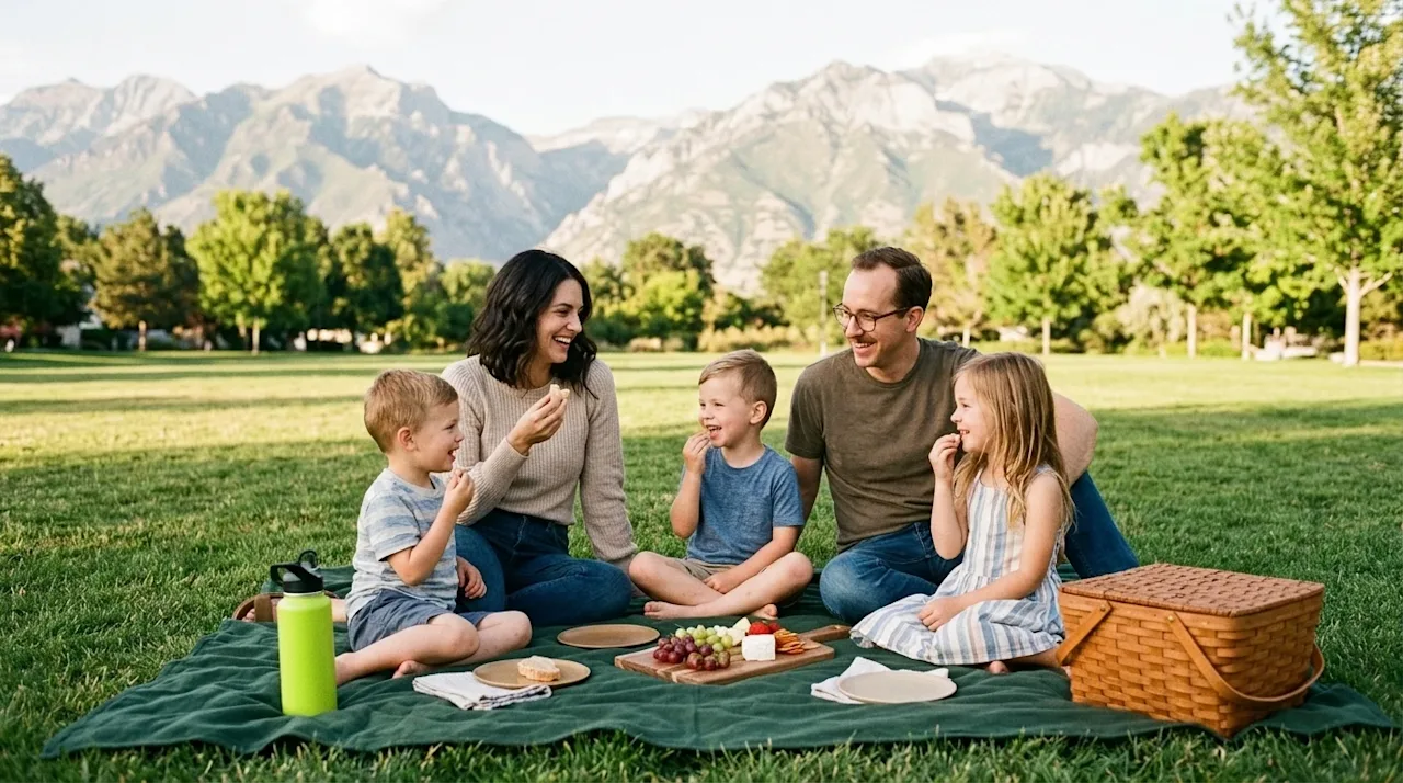 A candid, warm lifestyle photograph of a happy family enjoying a sunny outdoor picnic at a park in West Valley City, Utah, wi