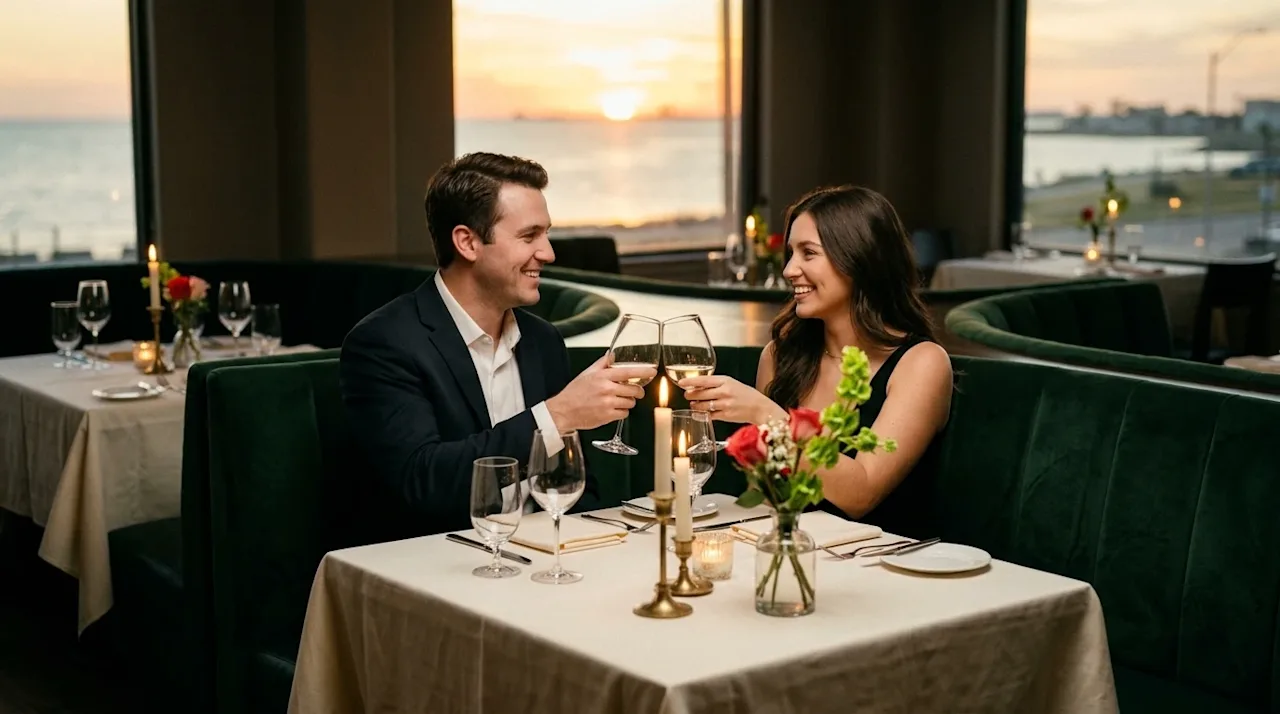 A candid, high-quality lifestyle photograph of a happy couple enjoying a romantic Valentine's Day dinner at a beautiful, cozy