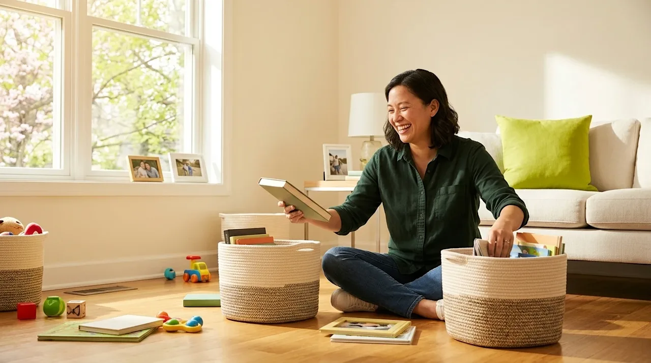 Professional marketing photography of a smiling person casually sorting through household items in a bright, sunlit living ro