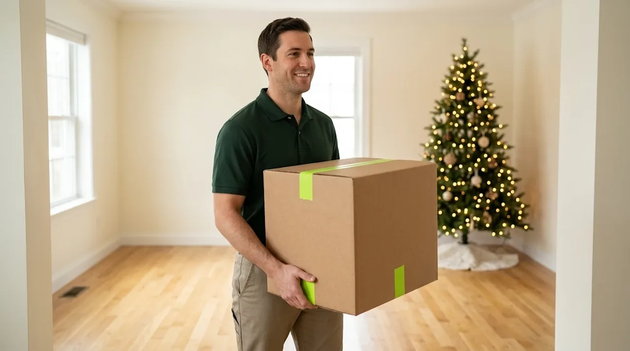 Clear and professional marketing photography of a home move during the winter holidays, emphasizing safety. A friendly profes