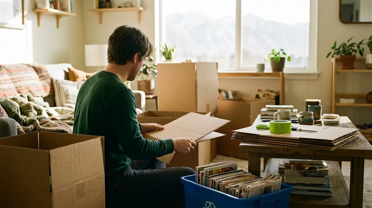 Candid lifestyle photography of a person in a cozy, sunlit living room sorting household items into a recycling bin and brown