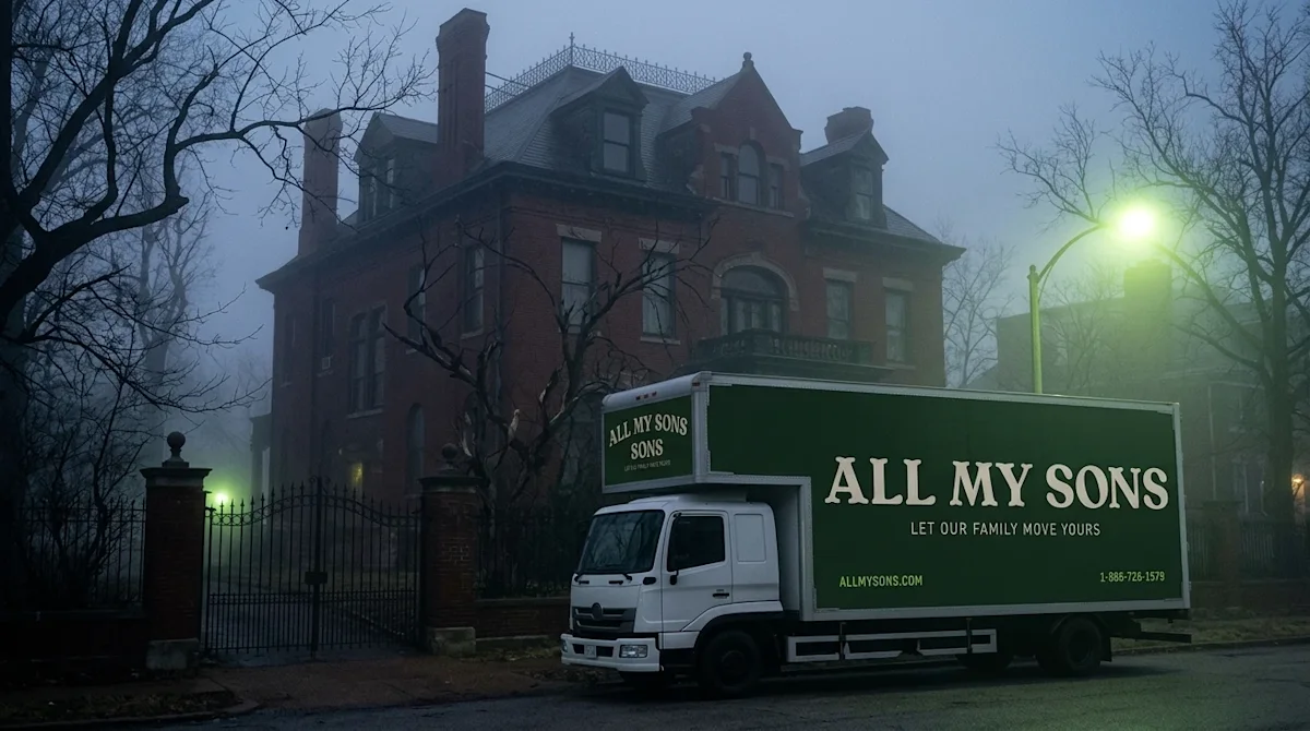 Cinematic photography of a spooky, historic brick mansion in St. Louis at twilight, shrouded in thick, ghostly fog. In the fo