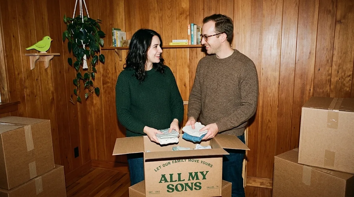 A candid, professional marketing photograph of a young pregnant woman and her partner in a partially packed home nursery. The