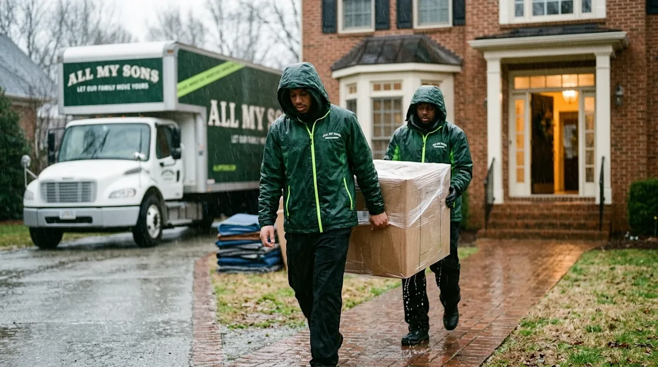 Candid lifestyle photography of two professional movers carefully carrying a protective plastic-wrapped kraft brown moving bo