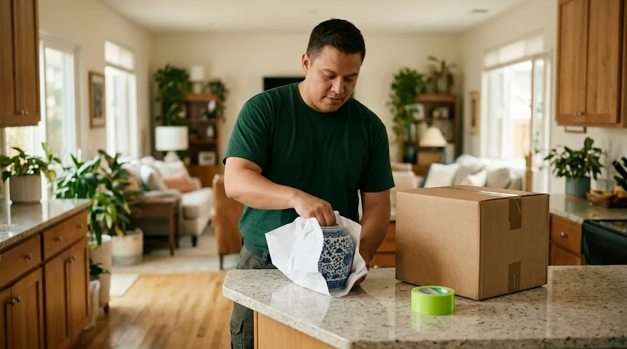 High-quality candid photography, documentary style. A professional mover wearing a clean, dark forest green t-shirt is carefu