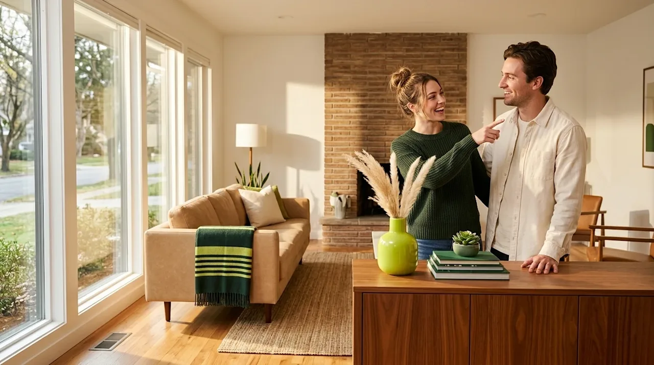 Clear and professional marketing photography of a couple navigating an open house. A brightly lit, welcoming, expertly staged