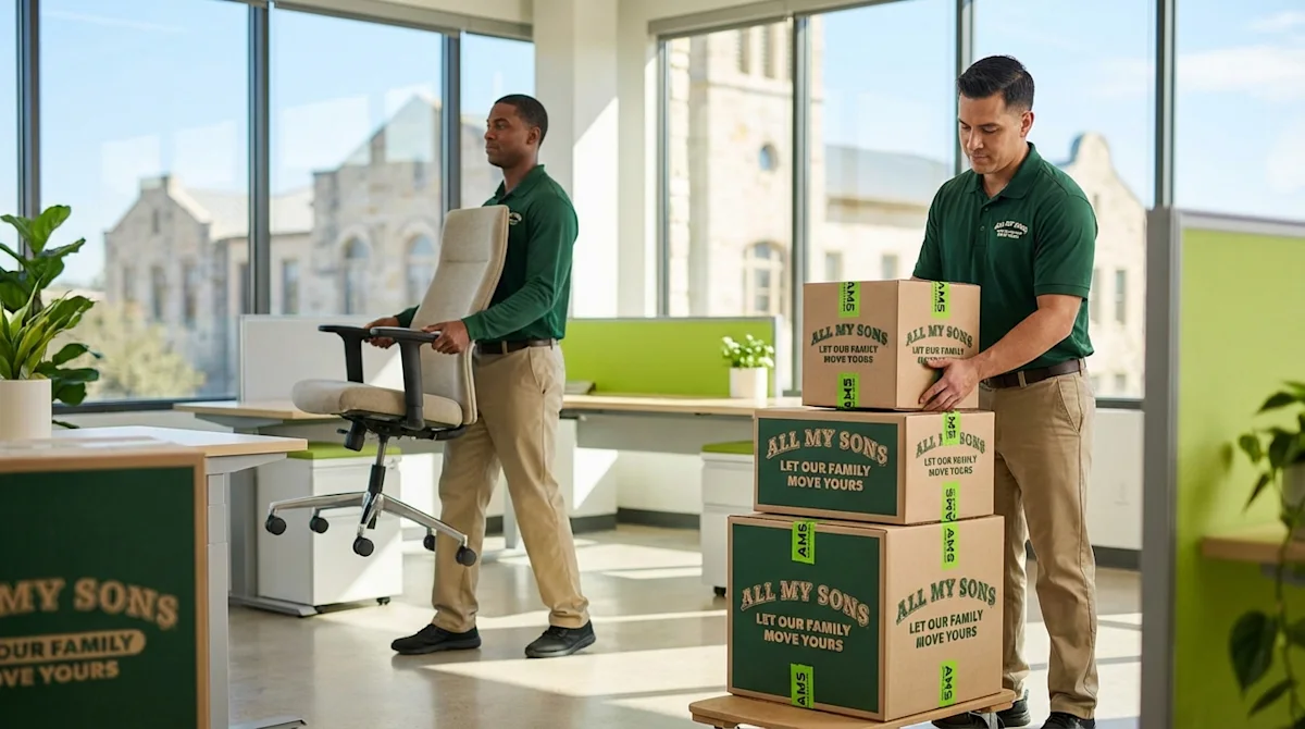 All My Sons movers carrying office furniture and boxes during a corporate move in Round Rock, Texas.