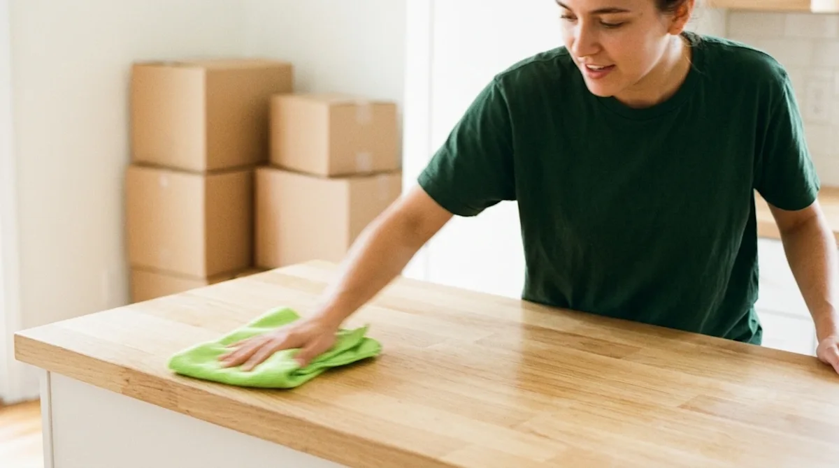 Candid lifestyle photography of an energetic person speed-cleaning a bright, sunlit home interior. The person is swiftly wipi
