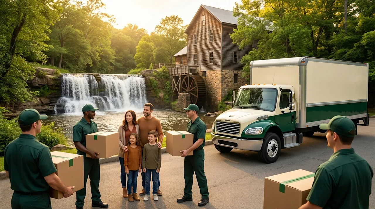 Professional movers helping a family in Helena Alabama near Buck Creek waterfall with a modern moving truck.