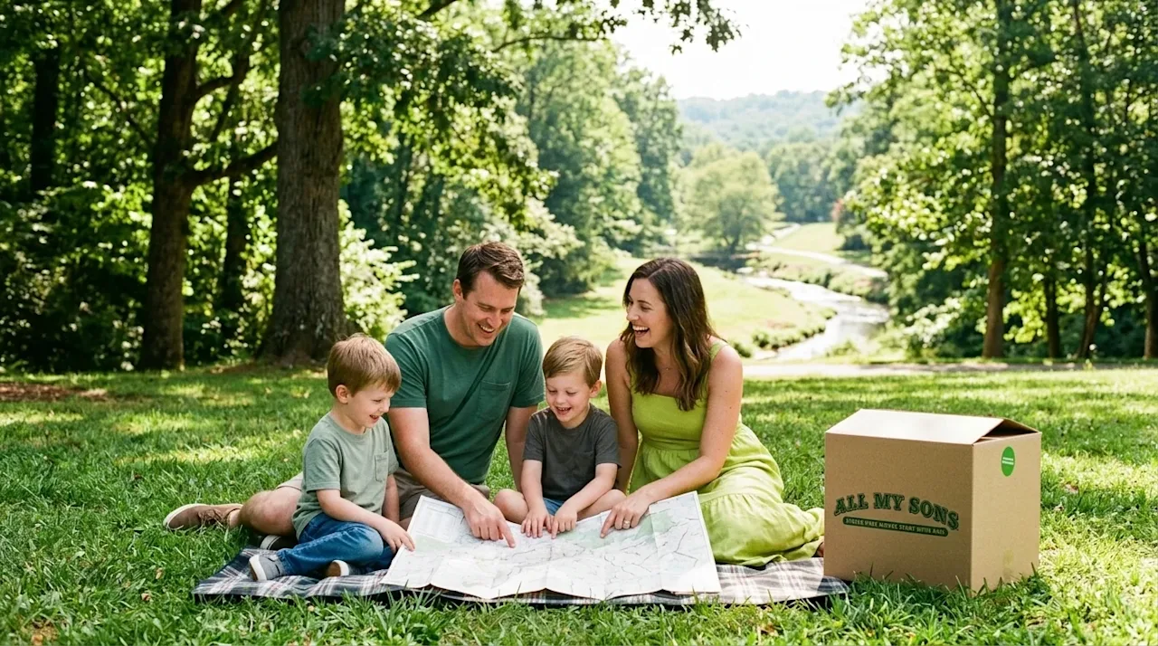Candid, warm lifestyle photography of a happy family with young kids enjoying a sunny day outdoors in a lush, scenic park res