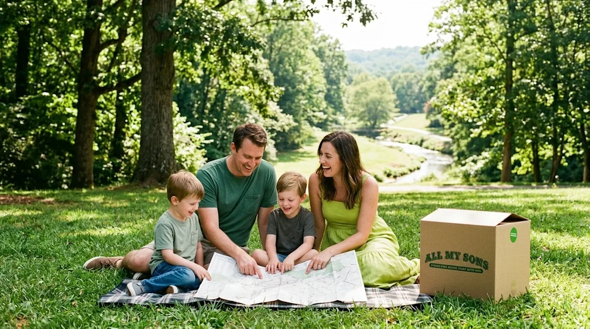 Candid, warm lifestyle photography of a happy family with young kids enjoying a sunny day outdoors in a lush, scenic park res