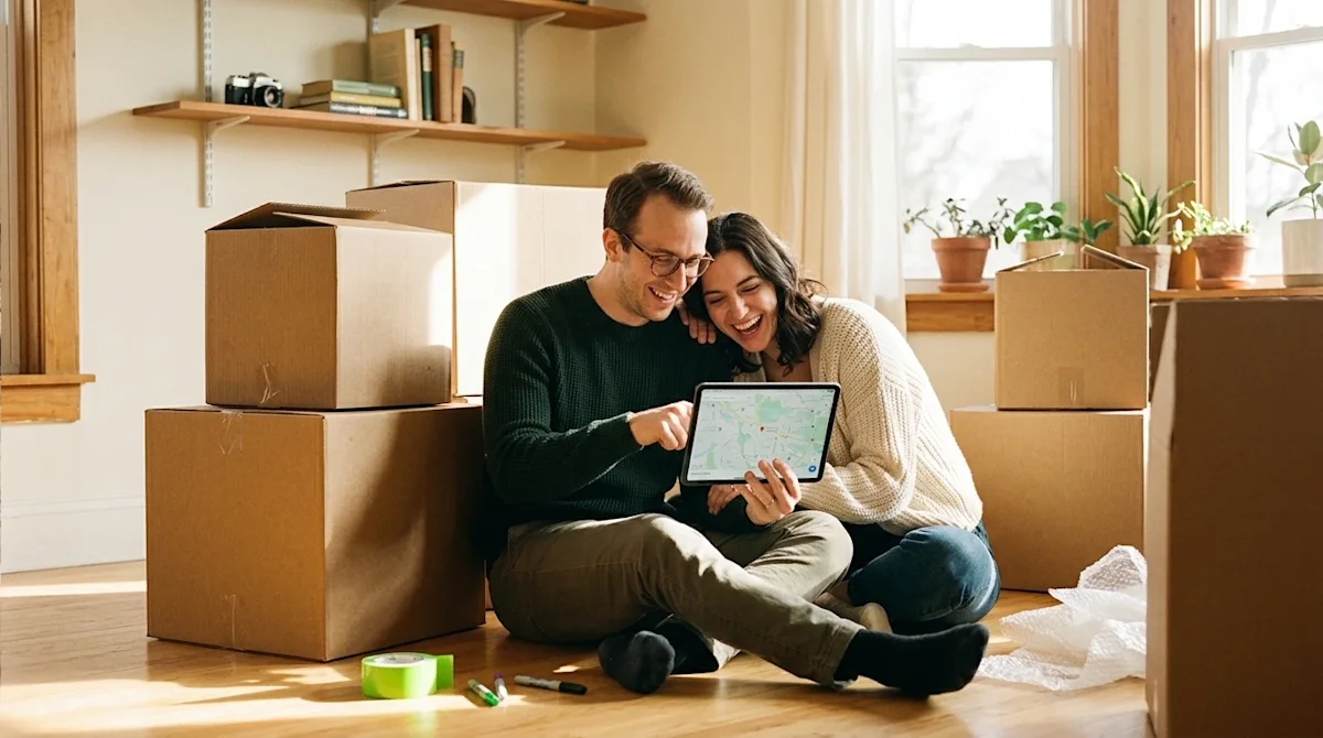 Candid lifestyle photography of a happy couple sitting on the floor of a sunlit living room, leaning against a stack of plain