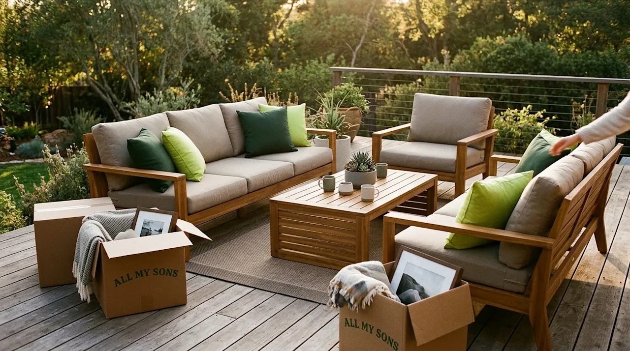 Candid lifestyle photography of an inspiring outdoor deck furniture layout at a newly purchased home.
