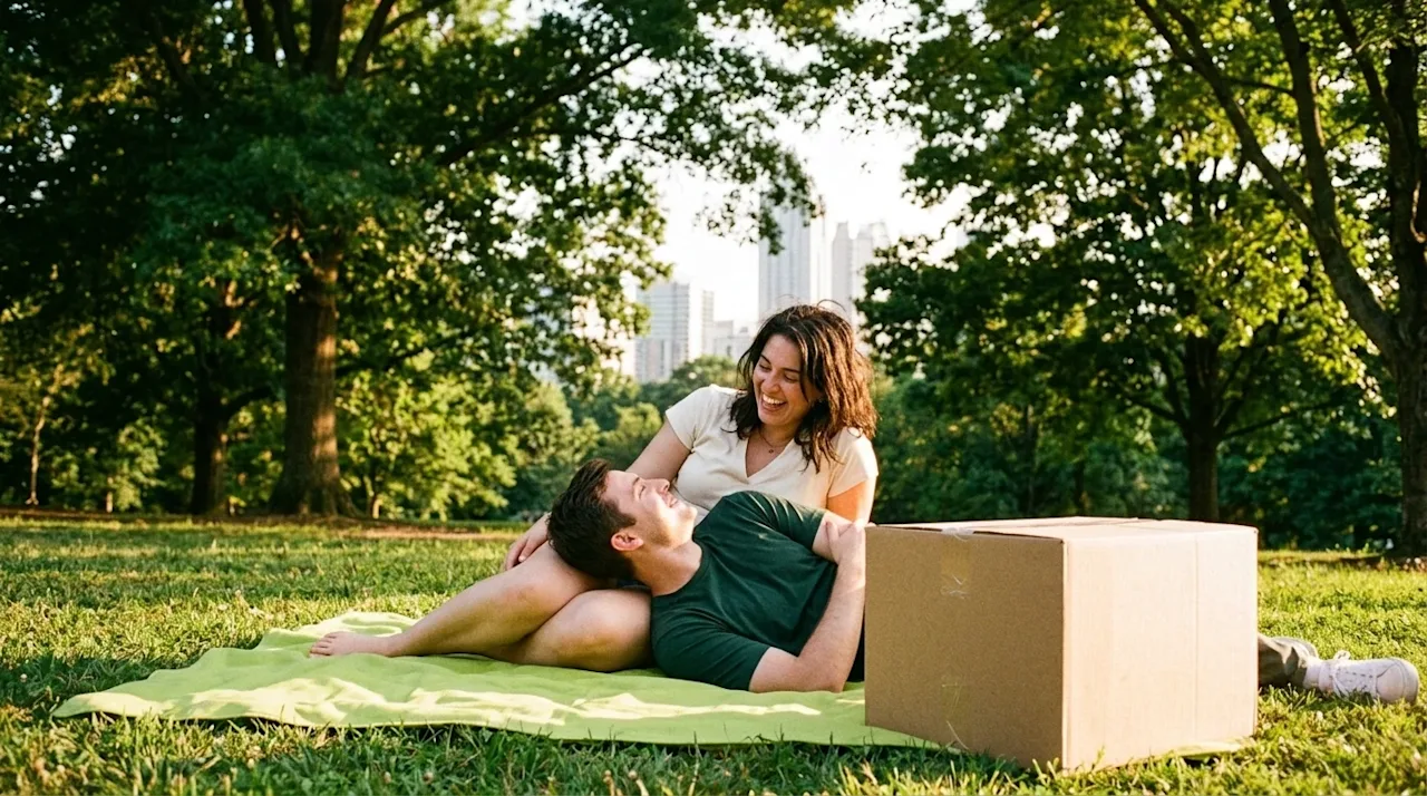 A candid, lifestyle photograph of a happy couple relaxing in a lush Atlanta park, taking a joyful break after moving. In the