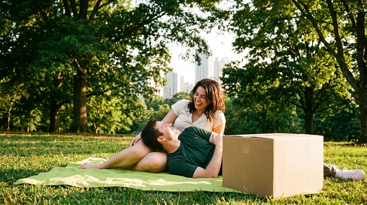 A candid, lifestyle photograph of a happy couple relaxing in a lush Atlanta park, taking a joyful break after moving. In the