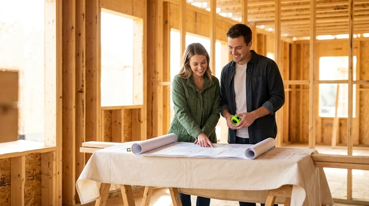 Clear and professional marketing photography of a happy couple standing inside the raw wooden framing of a new home under con