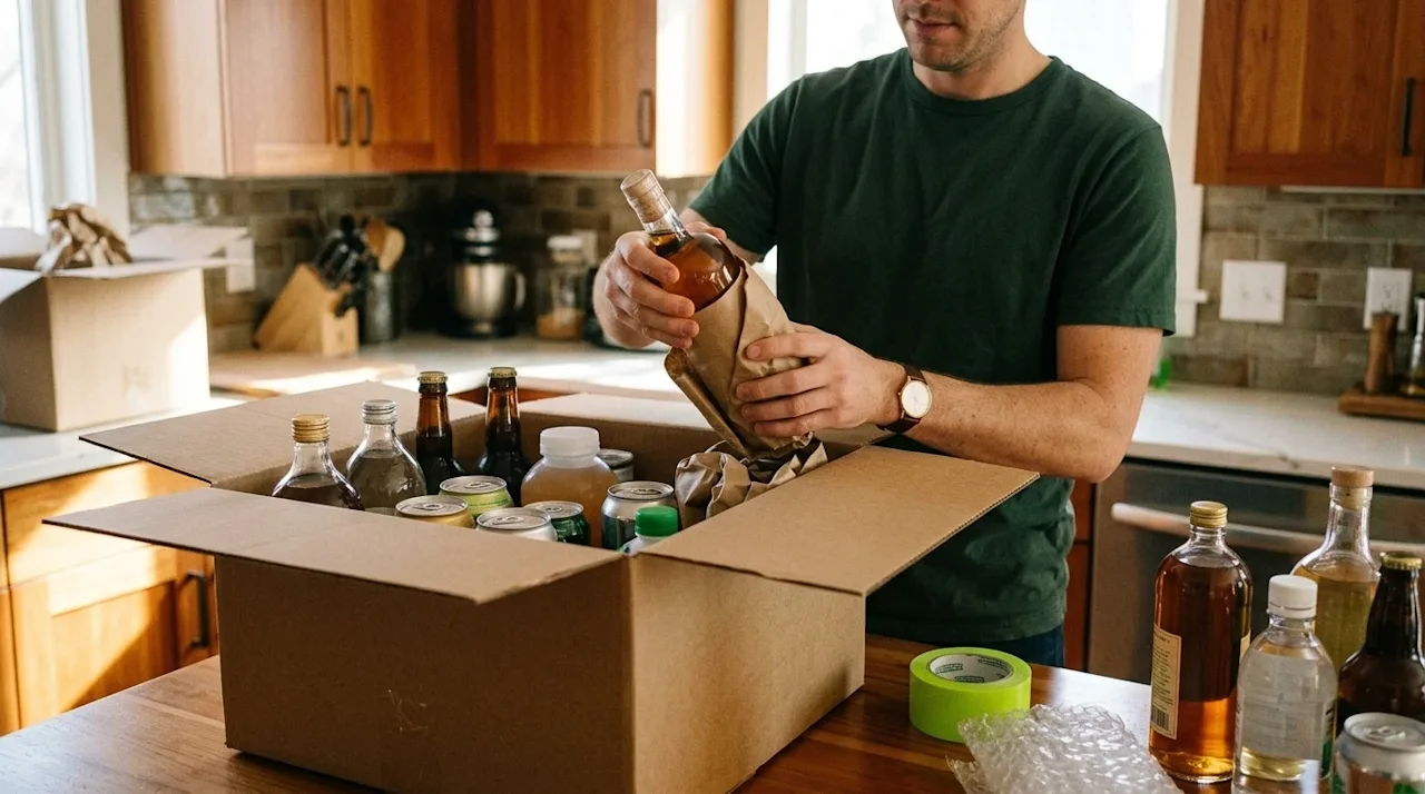 Editorial lifestyle photography, a medium close-up of a person carefully packing various liquid containers into a sturdy kraf