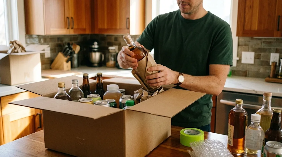 Editorial lifestyle photography, a medium close-up of a person carefully packing various liquid containers into a sturdy kraf
