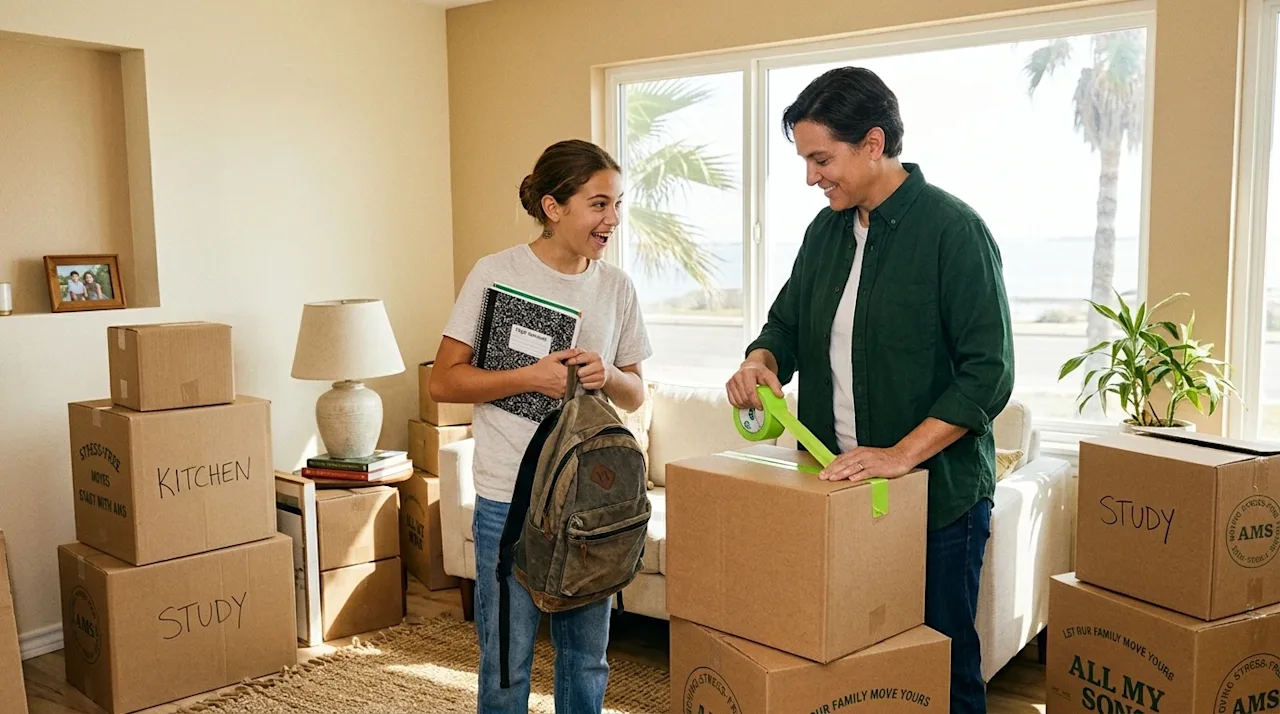 Candid lifestyle photography, shot on 35mm film, showing a supportive parent and their high school-aged teenager packing card