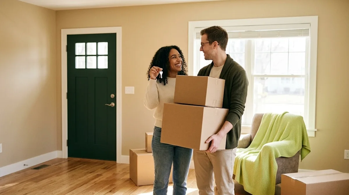 A candid, authentic 35mm lifestyle photograph of a happy young couple standing inside the brightly lit living room of their n