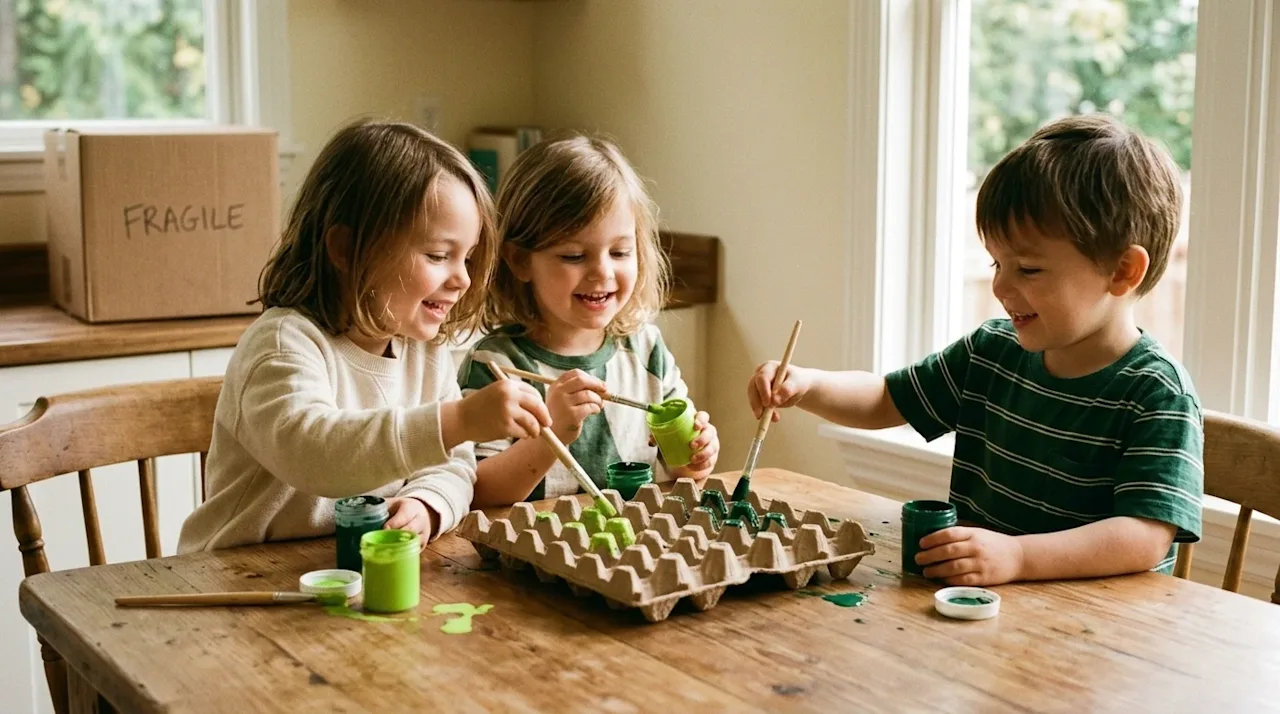 A heartwarming, candid lifestyle photograph of young children sitting at a wooden kitchen table, happily crafting with a recy
