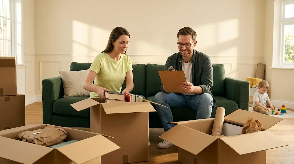 A high-quality lifestyle photograph serving as a blog hero image for an "Ultimate Moving Guide." A bright, inviting living ro