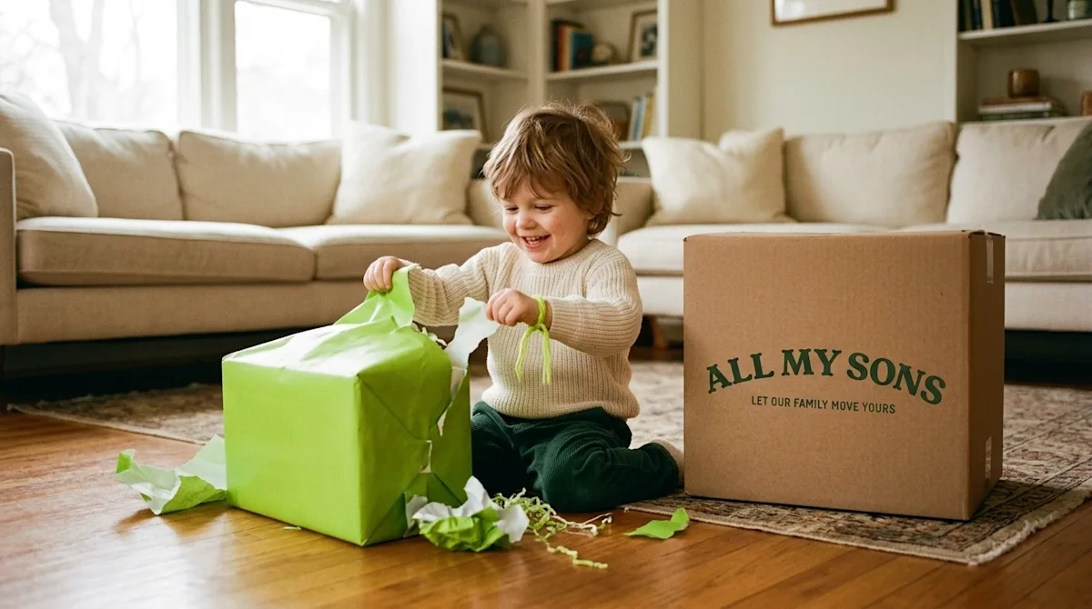 A candid, heartwarming lifestyle photograph of a joyful young child sitting on a hardwood floor in a cozy, sunlit living room