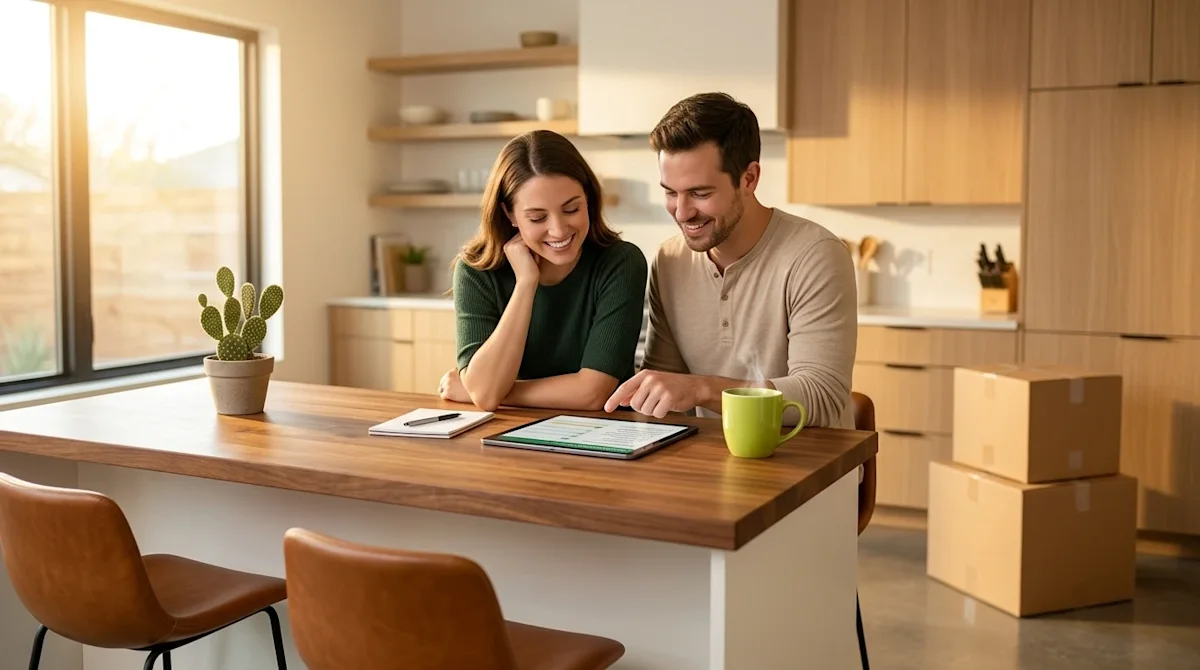 Professional marketing photography of a happy, relaxed couple in a modern, sunlit home interior, planning an economical move.