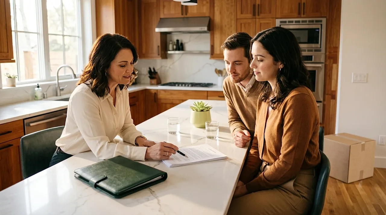 Clear and professional marketing photography of a professional real estate agent sitting at a modern home kitchen island, car